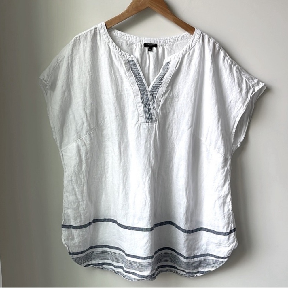 Talbots White Linen w/blue stripe Top Breathable Split Neck Popover Size 2X